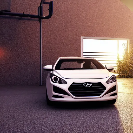 Prompt: close shot of a Hyundai car with cheese wheels on a white garage floor near a window at sunset, 3d render, unreal engine 5, octane render, 4k, low contrast, ray tracing, serene landscape, calm, relaxing, beautiful landscape, highly detailed, high quality, product photo, hyperrealistic, concept art, symmetrical, centered, godrays