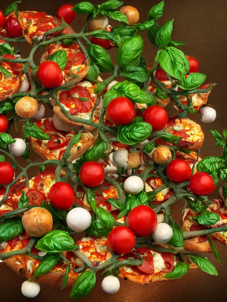 Prompt: highly detailed 3 d render of a mythical tree of pizza toppings, branches with tomatoes and mozzarella balls and basil leaves, hyper realistic octane render, cinematic lighting, deviantart, lowbrow, surrealism, pixar still