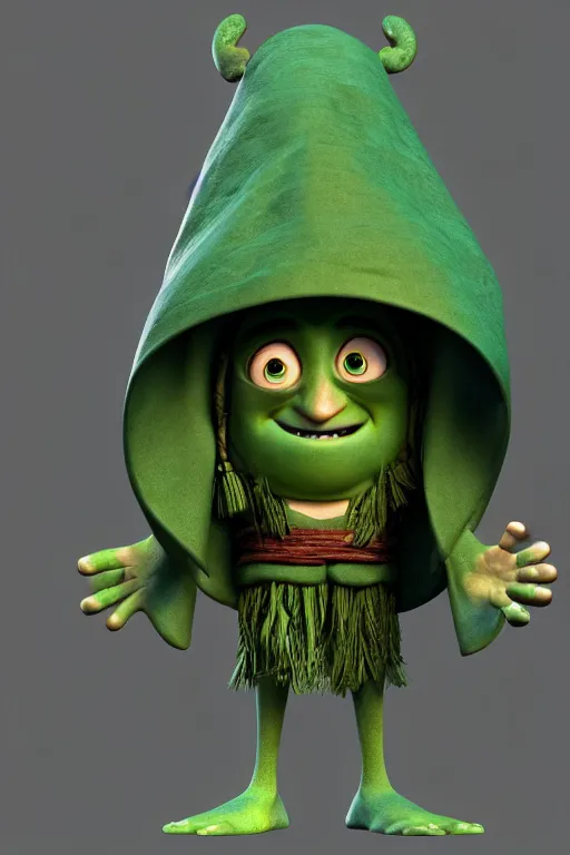 Image similar to A cute shaman from a Pixar movie with no nose, glowing eyes and a very long hooded dark green cloak of leaves, 3D render, stylized, Cycles Render