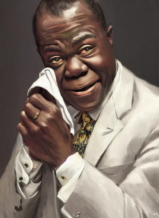 Prompt: a portrait of louis armstrong holding a white handkerchief, by joseph christian leyendecker, dramatic lighting, highly detailed digital painting