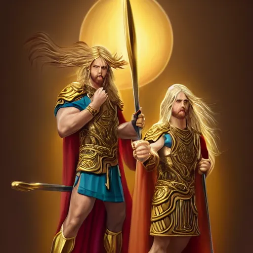 Image similar to stunning painting of two heroic gods, golden shiny hair, heroic ancient clothe, holding holy weapons, by concept art, masterpiece, character art, epic, magical, wisdom, mythologic, celtic, sufism, ultra detailed, minimal, cinematic, octan render, soft ligthing, holographic background, centered, artstation hd, 8 k resolution, high quality image