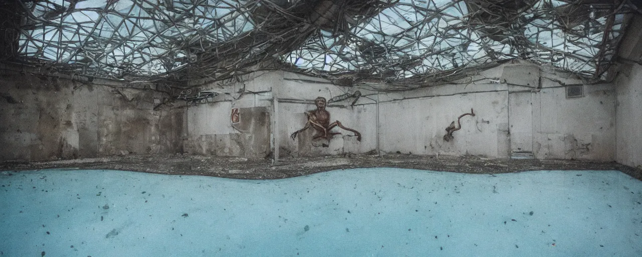 Image similar to an ultra wide colour 3 5 mm film photo of a terrifying reptile humanoid creature, lurking, waiting, hiding, in an abandoned shady public swimming pool, liminal spaces, ritual occult gathering, film grain