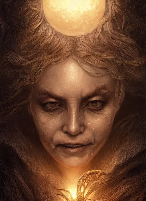 Image similar to golden moon at background, creative!!! composition for a book cover, absurdly beautiful, ultrafine hyperrealistic detailed old witch face by wlop and artgerm and greg rutkowski, intricate linework, sharp focus, smooth, octopath traveler, final fantasy, unreal engine, dramatic lighting, ethereal, 8 k