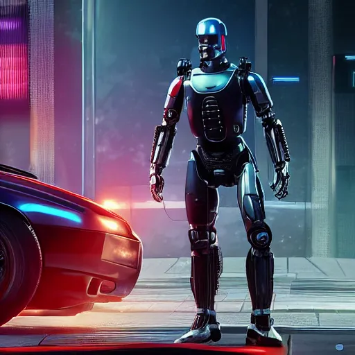 Prompt: ultra realist render of robocop facing keanu reeves in cyberpunk 2 0 7 7, symmetry accurate features, focus, very intricate ultrafine details, aqua volumetric lights, award winning masterpiece, octane render 8 k hd