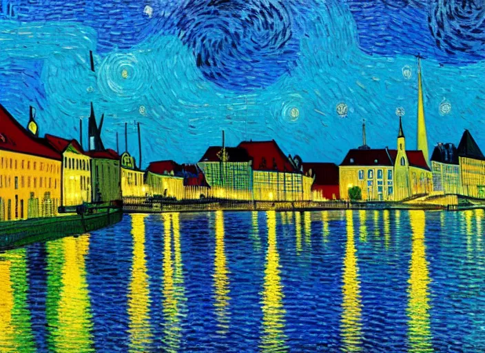 Image similar to a painting of the city of Rostock in the style of Vincent van Gogh