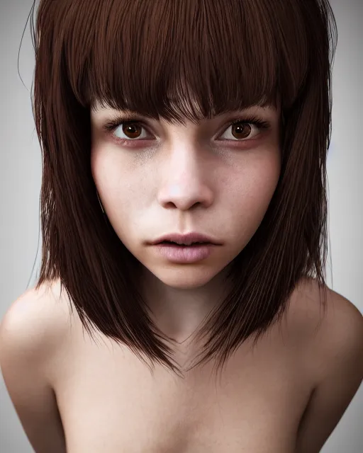 Image similar to symmetry!! portrait of 1 5 - year - old girl with voluminous bushy brown hair, large front teeth, and bright piercing brown eyes, unreal 5, daz, hyperrealistic, octane render, cosplay, rpg portrait, dynamic lighting