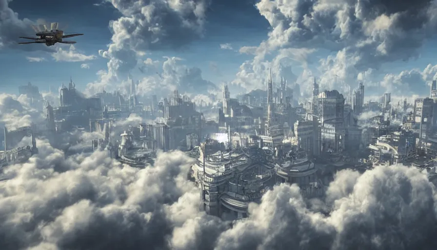 Image similar to Angelic Floating City in the Clouds, Hyperrealistic, Intricate Details, Raytracing, Volumetric Lighting, Lightshafts, Blue and White Color Palette, Unreal Engine 5, Photorealism