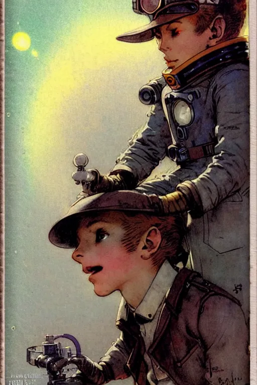 Image similar to ( ( ( ( ( 2 0 5 0 s retro future 1 0 year old boy super scientest in space pirate mechanics costume full portrait. muted colors. ) ) ) ) ) by jean baptiste monge, pulp cover!!!!!!!!!!!!!!!!!!!!!!!