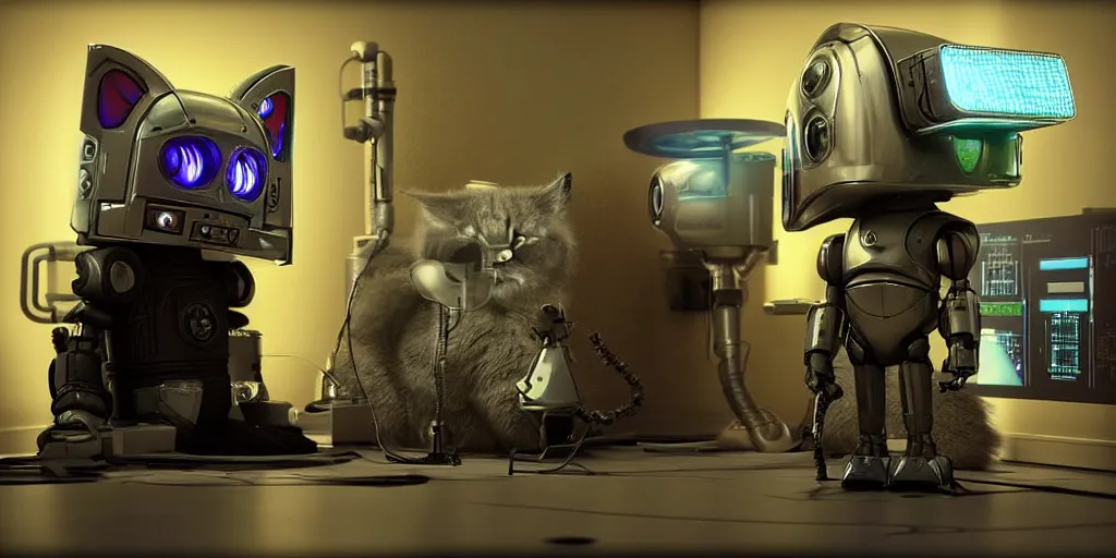 Image similar to a 3 d rendered movie still a cute robot in the shape of an adorable cyberpunk robot as a maine coon kitten. in the background is a cyberpunk cat tree with rgb ambient dramatic lighting. digital art. science fiction blockbuster movie from the future, imax 7 0 mm. style of mandalorian ( american space western television series )
