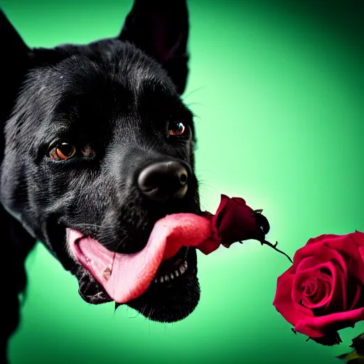 Prompt: black dog with rose in it's mouth, green eyes, studio lighting, cinematic, 4 k, detailed, global illumination, chromatic abberation