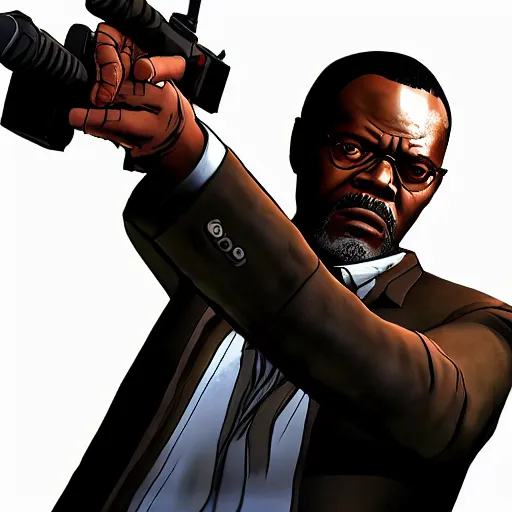 Prompt: samuel l. jackson walking dead telltale, jules pulp fiction, telltale games style, symmetric!!, 4 k full hd,