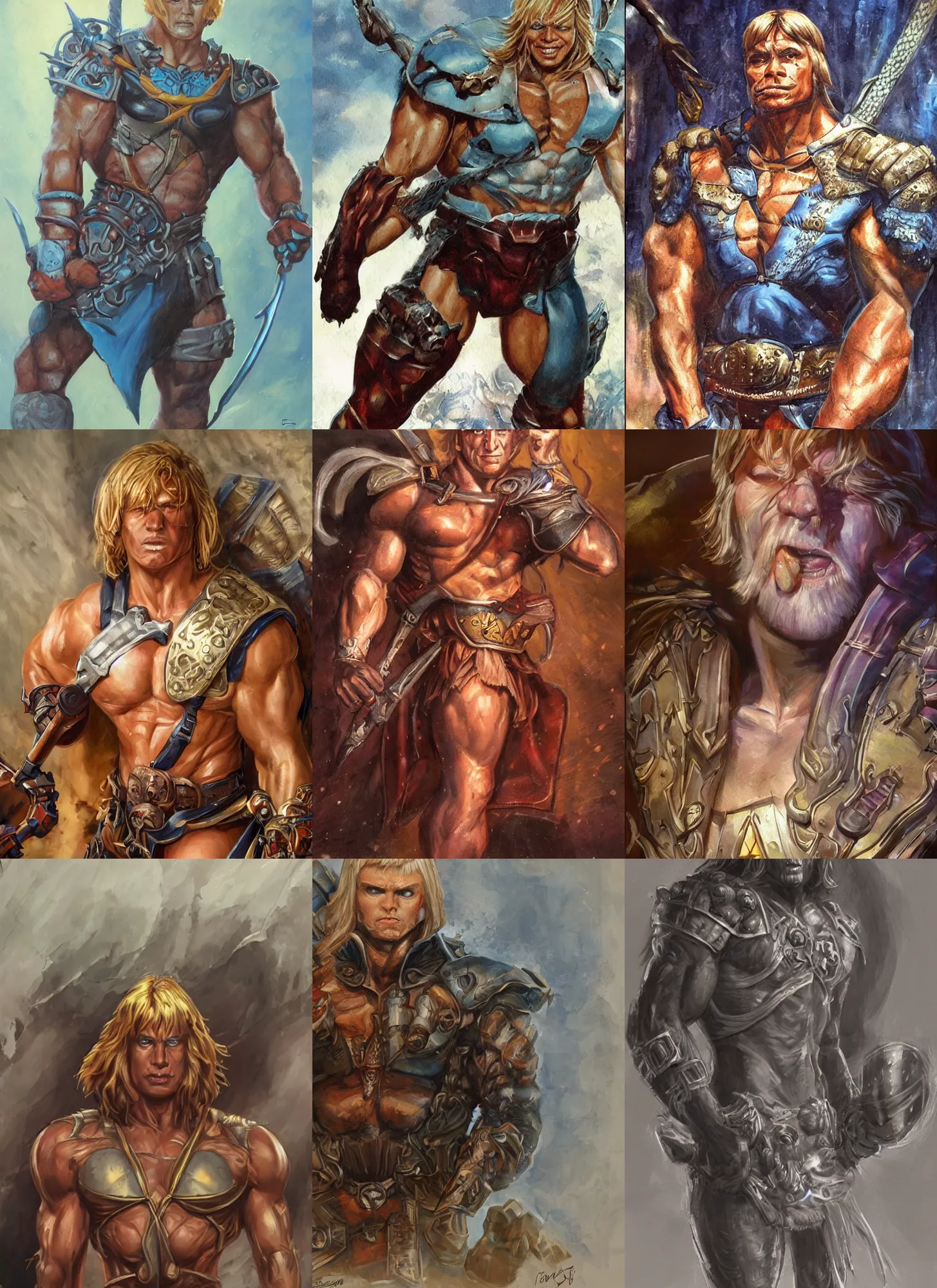 Prompt: he - man, closeup portrait, sci fi, fantasy, intricate, with german iron cross onbare chest, elegant, loin cloth, highly detailed, oill painting, artstation, concept art, matte, sharp focus, painting by earl norem!!