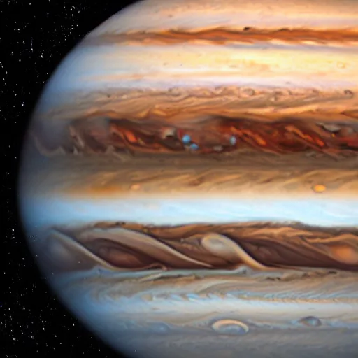 Image similar to a photograph taken by a camera on europa, photograph is of jupiter in the sky, the horizon is visible,