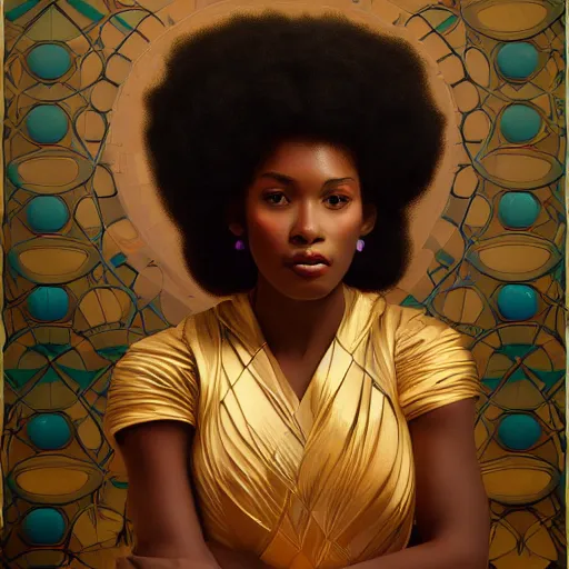 Image similar to modern black woman | hyperrealistic | digital painting | trending on artstation | pinup portrait | clean | illustration | dressed | Unreal Engine 5 | 8k resolution | by Greg Rutkowski Alphonse Mucha Gustav Klimt and Mel Ramos