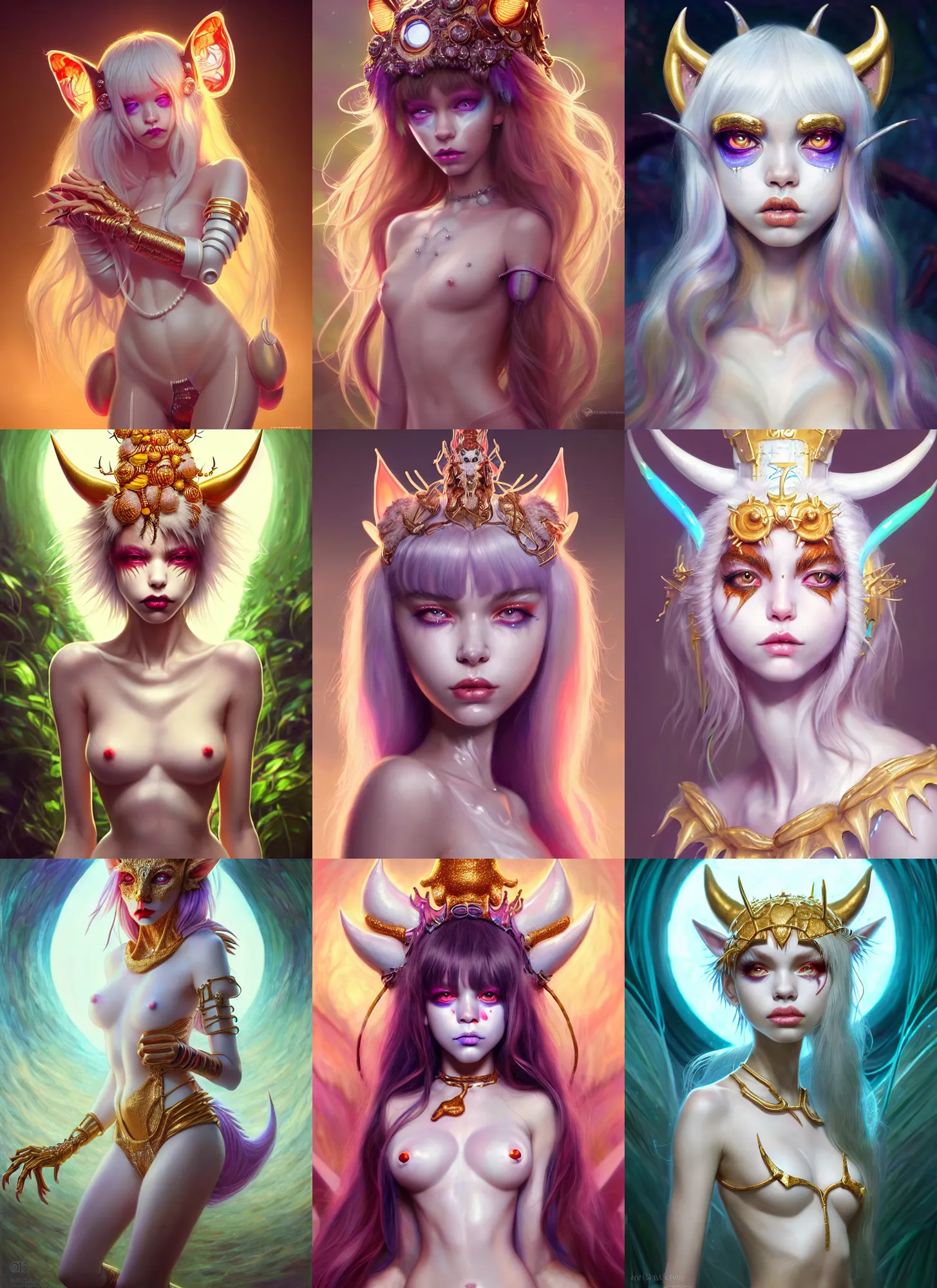 Prompt: bright white catgirl clowncore : : disney weta portrait, soft polished jungle queen devil madison beer cyborg, bling, hi - fructose, sci - fi fantasy intricate decadent highly - detailed digital painting, golden ratio, octane render, artstation, concept art, smooth, sharp focus, illustration, artgerm, mucha, loish, wlop