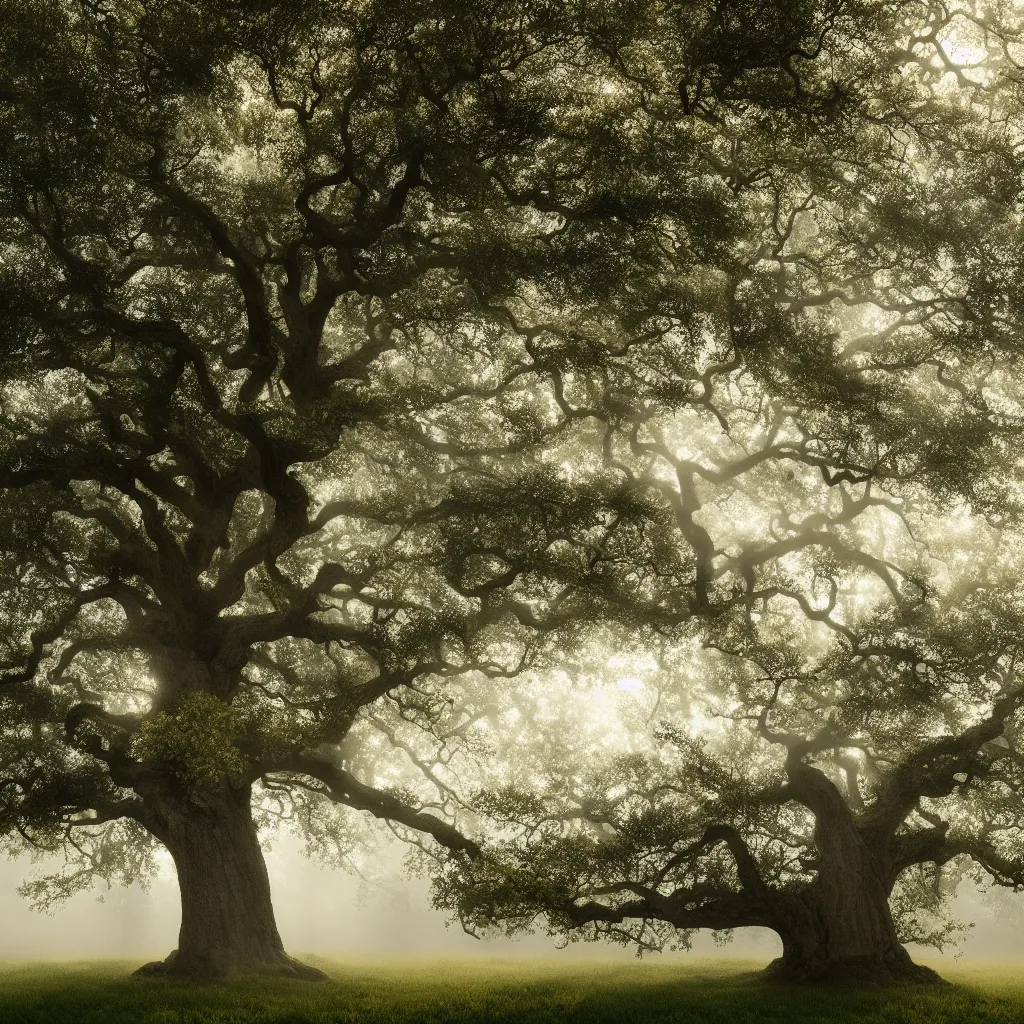 Image similar to old oak tree in four seasons colors growing on a meadow partially covered with morning fog, with big tree hollow in the trunk, with rope ladder hanging down from the tree hollow, cinematic lighting, photo realistic image, 4K, super detailed, cinematic look