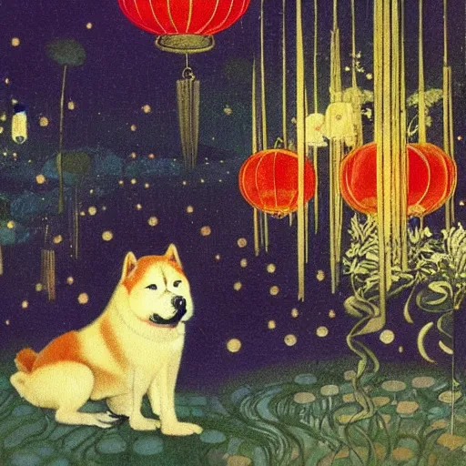 Prompt: portrait of a sitting red akita inu dog in a moonlit garden surrounded by floating lanterns, by warwick goble and kay nielsen