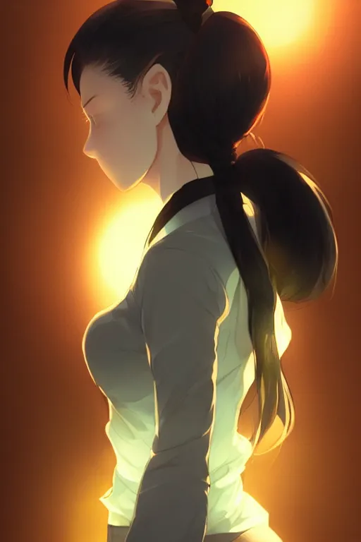 Image similar to black ponytail hair, pale woman in a black zipper jacket, yellow eyes, by artgerm, hair tied in a ponytail, white backdrop, soft lighting, night scene, by greg rutkowski makoto shinkai takashi takeuchi