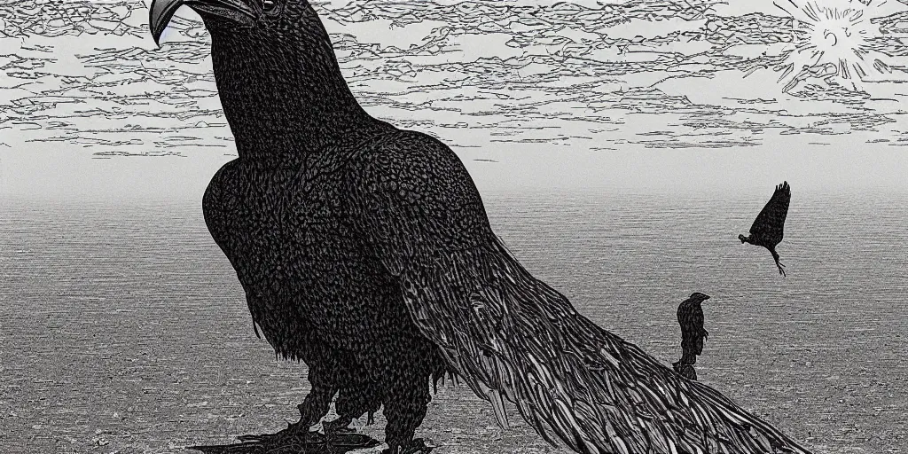 Image similar to weird west, giant crow blocking out the sun, desaturated delicate illustration by moebius jean giraud