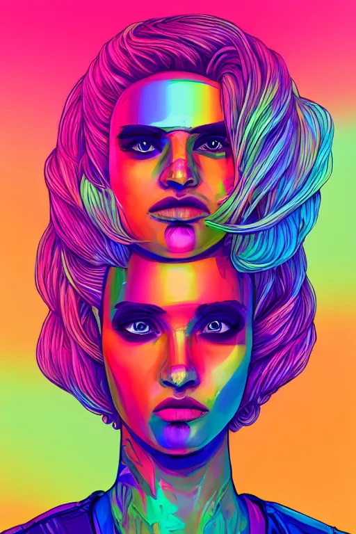 Image similar to a award winning half body portrait of a beautiful woman with stunning eyes in a printed croptop and cargo pants with rainbow colored ombre hairstyle head in motion and hair flying by josan gonzales, outrun, vaporware, shaded flat illustration, digital art, trending on artstation, highly detailed, fine detail, intricate