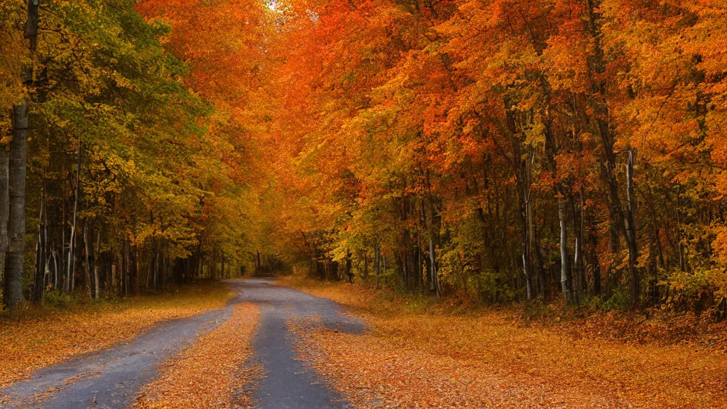 Image similar to a photograph of a country road lined on both sides by maple and poplar trees, in the autumn, red orange and yellow leaves, some leaves have fallen and are under the trees and on the road