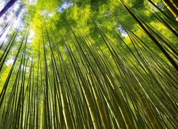 Image similar to beautiful japanese bamboo forest, ground pov, sunny, extreme detail, mid day, realistic lighting, light rays, by studio ghibli, trending on artstation, 4 k, hd