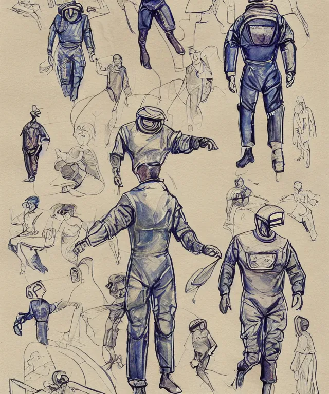 Prompt: the golden age of American illustration archive gesture drawings color pen and ink and pencil sketch character concept design game asset of sketches watercolor of a a home made vintage art deco 1950s style science fiction retro space suit by Stanley Artgerm Lau, WLOP, Rossdraws, James Jean, Andrei Riabovitchev, Marc Simonetti, and Sakimichan, tranding on artstation , assets, character design, tending on pinterest, trending on cgtalk, trending on concept art, trending on character design