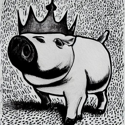 Image similar to walking pig wearing crown ink drawing black and white 35mm