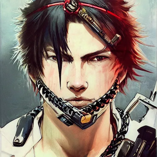 Prompt: portrait of a young white hero using his right arm to grip a katana that is covering his eye by yoji shinkawa, high quality, extra details, realism, ornate, colored, golden chain, blood, white skin, short hair, brown eyes, vivid, sunlight, red headband, black eyepatch, white american soldier, painting, cybernetics, military