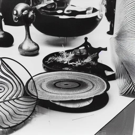 Image similar to A black and white photography of an exhibition space with objects of Sun Ra, Marcel Duchamp and tropical plants, 60s, offset lithography print, close up shot