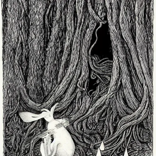 Image similar to a pen and ink drawing of a deep dark tangled forest, a white rabbit smoking a cigarette while reclining, a lingering smoke cloud, childrens illustration, by edward gorey, by gustav dore