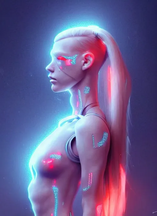 Prompt: beautiful scandinavian female humanoid with freckles, by loish, d & d, fantasy, cyber neon lighting, futurism, intricate futuristic jewelry accessories, cyberpunk high fashion glossy latex swimsuit, profile posing, perfect anatomy, hyper photorealistic, digital photography, artstation, pinterest, concept art, art by pascal blanche and greg rutkowski,