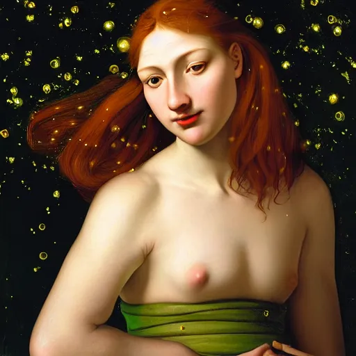 Prompt: portrait of happy a young woman, among the lights of golden fireflies and nature, long loose red hair, intricate details, bright green eyes, freckles on the nose, round gentle face, intricate dress, deep focus, smooth, sharp, golden ratio, hyper realistic digital art by artemisia lomi gentileschi and caravaggio, full body dreamy art