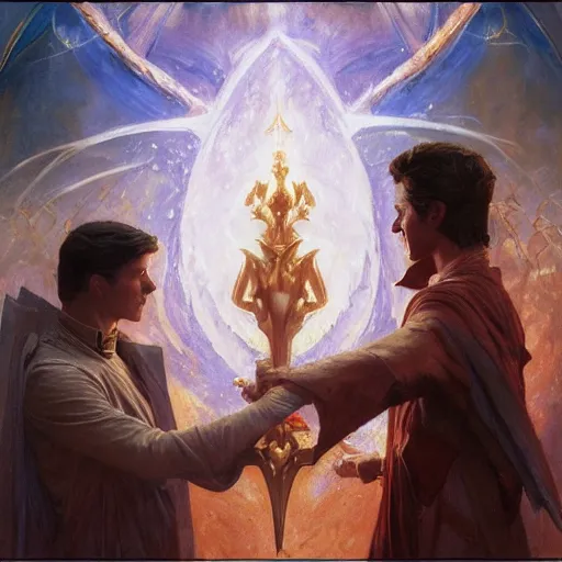 Image similar to attractive male magician casts dark spell, summoning handsome lucifer morningstar. highly detailed painting by gaston bussiere, craig mullins, j. c. leyendecker 8 k