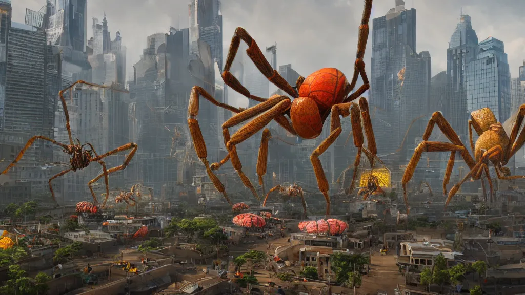 Prompt: giant arachnids attacking the city, eye catching composition, realistic, arachnophobia, unreal engine 5, global illumination, detailed environment, bright colours, cinematic, atmosphere, 4 k