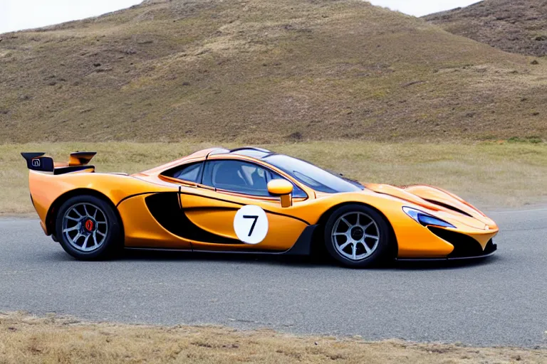 Image similar to 1970s McLaren P1 racing a Tesla cyber truck on the California Ochoa