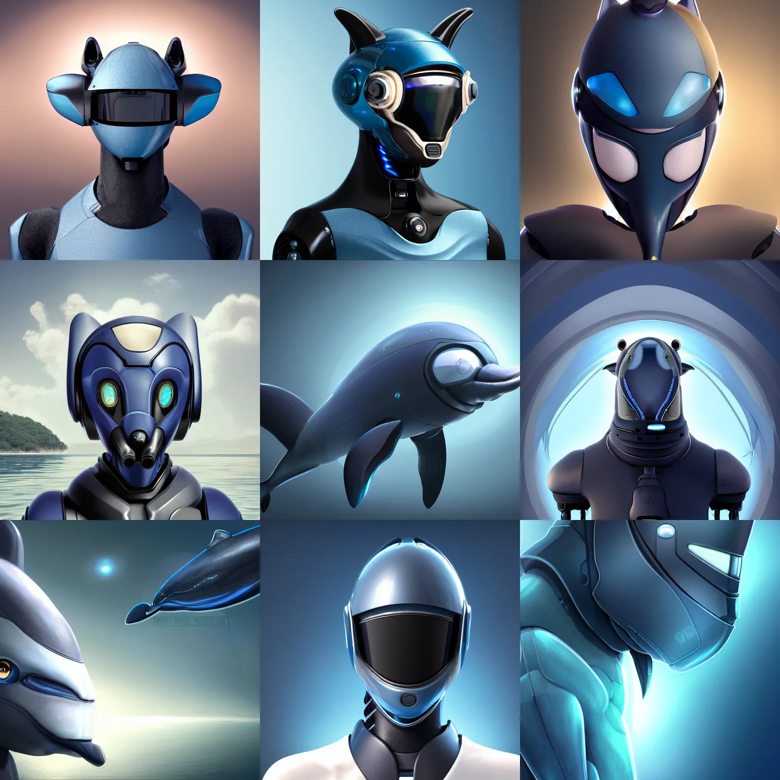 Prompt: very very beautiful furry art, male robotic anthro dolphin, integrated synthetic cetacean hybrid android, face covered by dark opaque visor, short wide bottlenose snout protruding from under visor, smooth round shapes, all dark blue metal, commission on furaffinity, cgsociety, octane render, sea in background