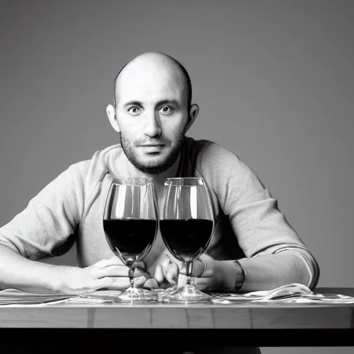 Image similar to portrait of a 3 0 years old frenchman in 2 0 2 0 seated at a table with a bottle of wine. award winning photography, 5 0 mm, studio lighting, black and white, contrasted.