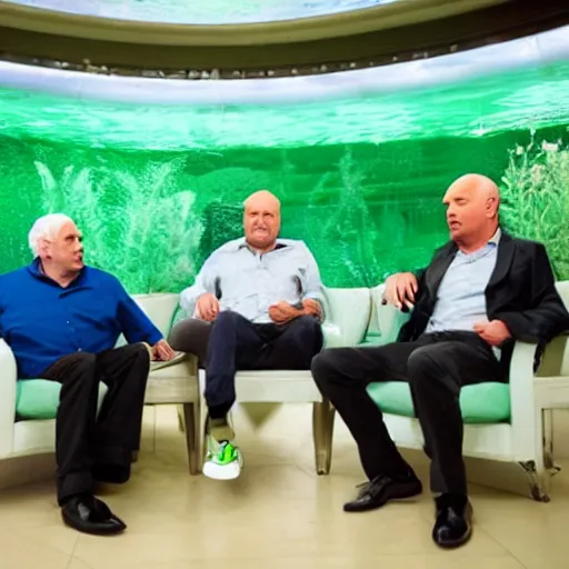 Image similar to mid white hair old man with green shirt and white short, sitting in shark tank with kevin o'leary