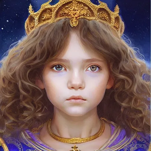 Prompt: a little girl with short wavy curly light brown hair and blue eyes, a space empress in byzantine style. beautiful highly detailed face, painting by ilya kuvshinov and artgerm and greg rutkowski.