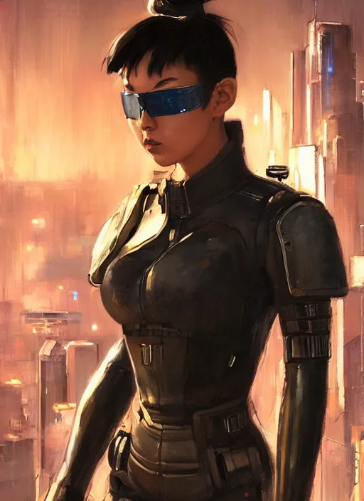 Prompt: chun li. cyberpunk police trooper in a military vest ( blade runner 2 0 4 9, cyberpunk 2 0 7 7 ). orientalist portrait by john william waterhouse and james gurney and theodore ralli and nasreddine dinet, oil on canvas. cinematic, hyper realism, realistic proportions, dramatic lighting, high detail 4 k