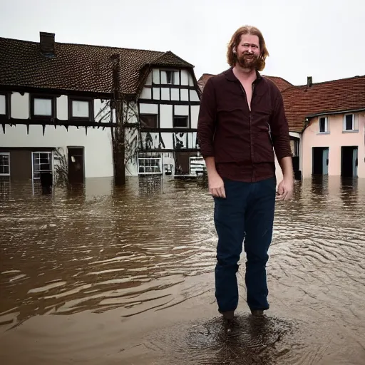 Prompt: Aphex Twin standing in front of a flooded german town