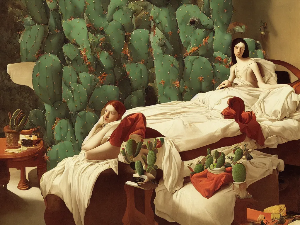 Image similar to Portrait of young woman sitting on the bed, with eyes closed, with strange surreal cacti and two large lizards. Painting by Georges de la Tour