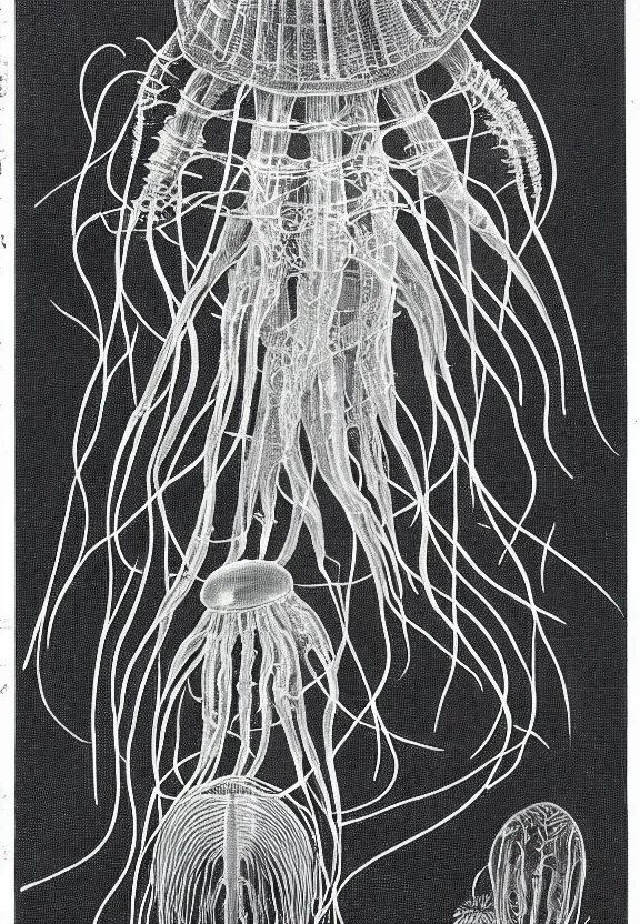 Image similar to historic scientific illustration of a species of jellyfish by ernst haeckel marry