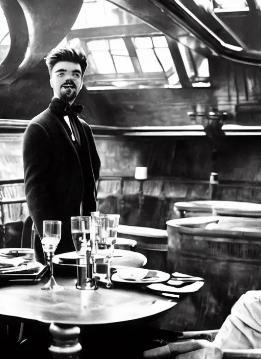 Prompt: movie still of jacksepticeye sitting at a table, titanic ship interior, directed by Martin scorsese