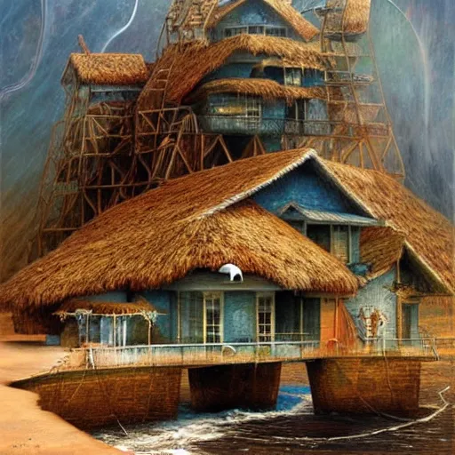 Prompt: a single house on an island in the sea, art by karol bak