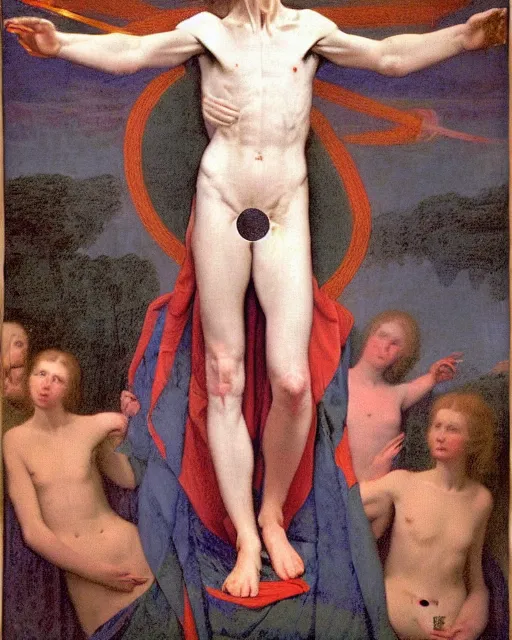 Image similar to david bowie as a diety levitating anmd surrounded by transcendental light by jean auguste dominique ingres, labyrinthine, sacred, mystical