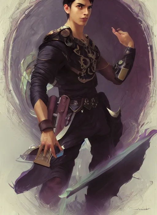 Image similar to character concept portrait of a handsome young heroic hispanic wizard with olive skin casting a love spell, a floating iridescent spell book in the center, intricate, elegant, digital painting, concept art, smooth, sharp focus, illustration, from Metal Gear, by Ruan Jia and Mandy Jurgens and William-Adolphe Bouguereau, Artgerm