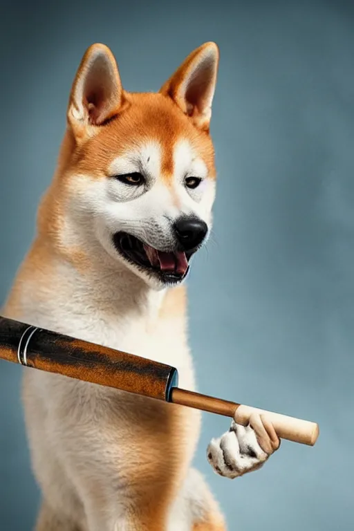 Prompt: 📷 shiba _ inu wielding baseball _ bat, canine photography, dramatic shot, very detailed, 4 k ✨