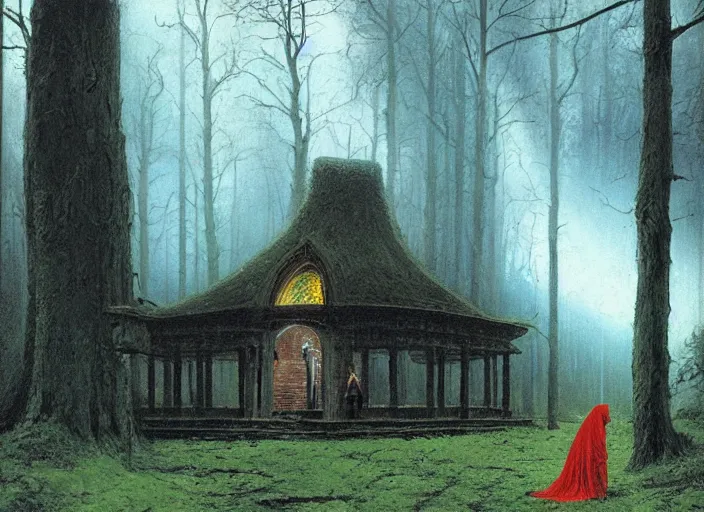 Image similar to A hooded figure aproaching an old temple in a forest, Peter Elson and John Harris